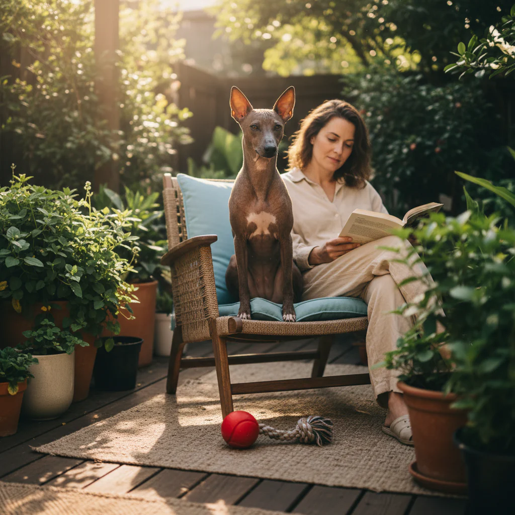 Standard sized Xoloitzcuintli dog relaxing in a garden with its owner.
