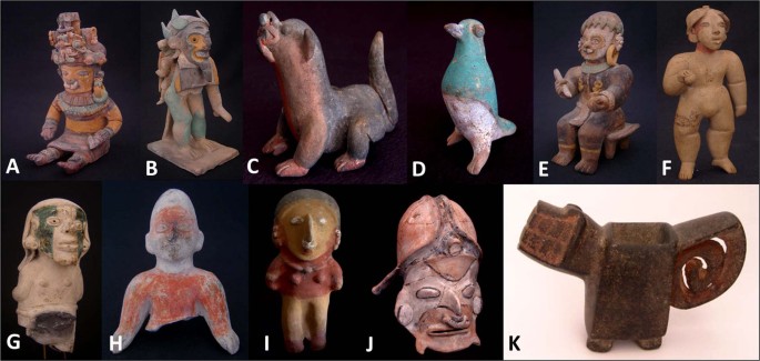 Image of a collection of pottery from the Manteno culture of Ecuador in South America. Human and animal figures.
